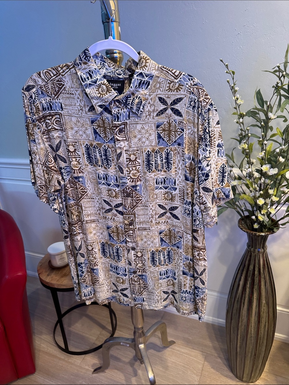 Haggar Short Sleeve Button-Front Shirt in Yellow and Blue Geo Print